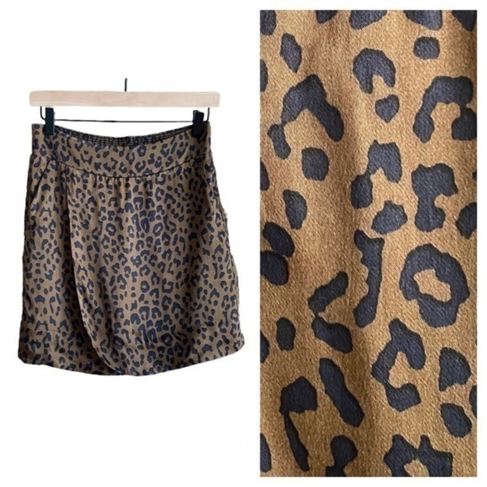 Swildens Brown Black Satin Leopard Animal Print Faux Wrap Tulip Drape Skirt S